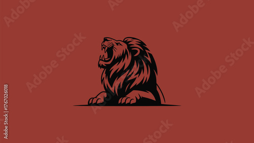 Roaring lion emblem in powerful black silhouette against a terracotta background, perfect for branding, logo design, or symbolic representation.