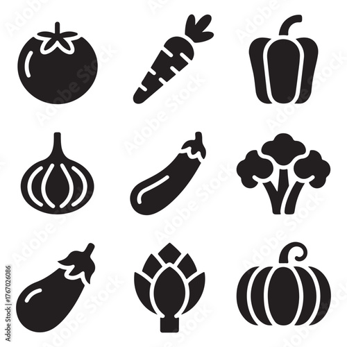 Fresh Vegetable Solid Icons Black Vector Collection