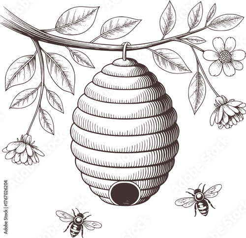 Hanging beehive with flowers and buzzing bees branch leaves