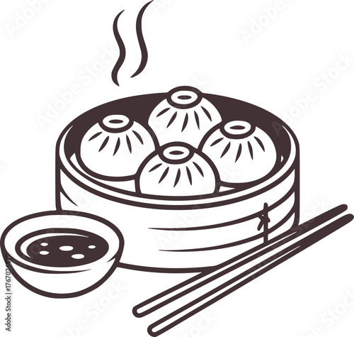 Steaming dumplings in bamboo steamer with dipping sauce and chopsticks vector