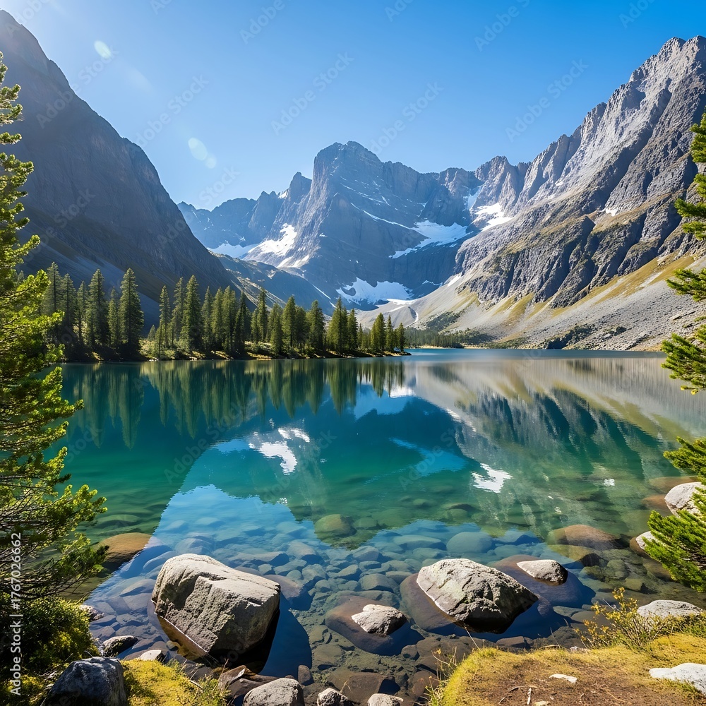 Obraz premium Scenic Mountain Lake Reflection with Clear Water and Rocky Shoreline.