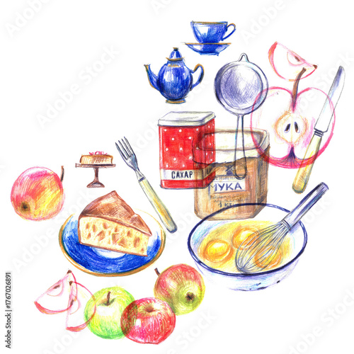 Hand drawn traditional apple pie recipe with kitchen utensils and ingredients sketches. Apples, eggs, flour, sugar, whisk, knife, fork, sieve, cake piece, teapot, cup.