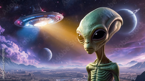 an alien on a planet watches a flying saucer fly into space