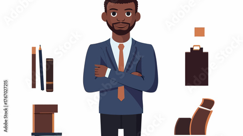 Confident businessman standing with arms crossed surrounded by office supplies and chair in flat minimalist vector style