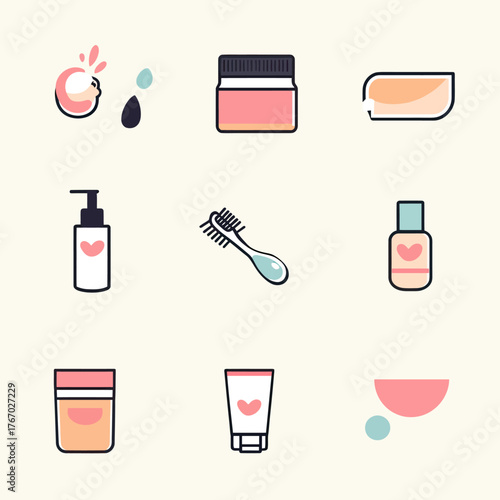 Flat minimalist vector icons set of skin care products including cream jar, lotion pump, toothbrush, soap bar, cosmetic bottle, facial cleanser, and abstract shapes