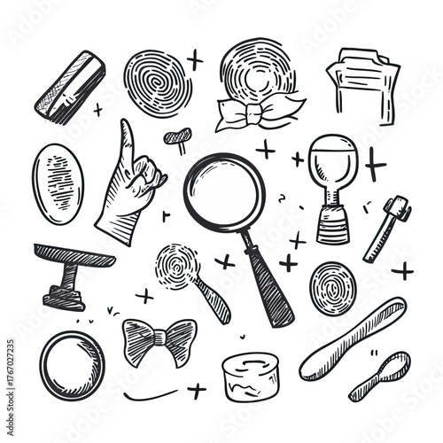 Hand Drawn Detective Investigation Tools Set with Fingerprints Magnifier Rubber Stamp and Crime Scene Evidence Sketch Doodle Icons Collection