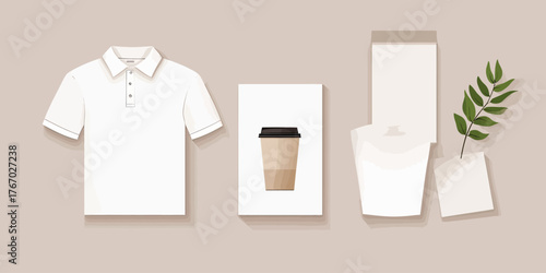 Minimalist coffee shop branding mockup with white polo shirt, paper coffee cup sleeve, menu card, takeaway coffee cup, and green leaf on beige background