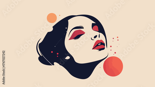 Minimalist vector illustration of female face with closed eyes, bold red makeup, and abstract color shapes in flat style