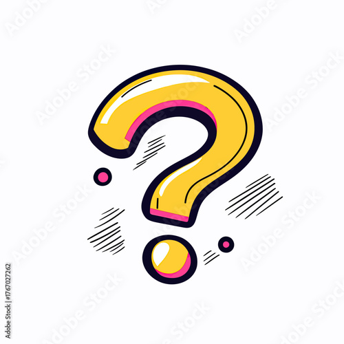 Bright yellow question mark icon with pink highlights and black outline in minimalist comic style for inquiry curiosity and problem solving concepts vector illustration