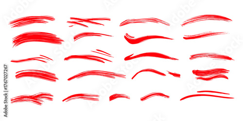 Set of red marker underline and swoosh brush strokes with various shapes and thicknesses for handwritten accents and highlights in vector style