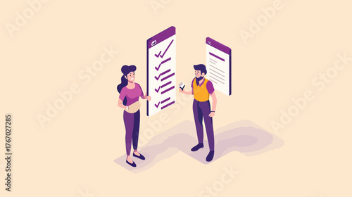 Isometric illustration of man and woman completing customer satisfaction survey with checklist and check marks in flat minimalist style vector
