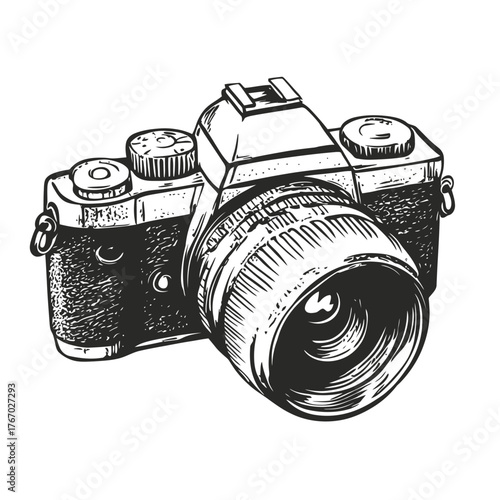 Vintage film camera illustration with detailed hand drawn sketch style, classic analog photography equipment with textured lens and body design vector image