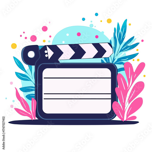 Colorful film clapperboard with blank slate surrounded by blue and pink tropical leaves and abstract dots cinematic production concept vector illustration