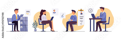 Business people reviewing resumes and conducting job interviews with digital tablets and laptops in modern office environment vector illustration