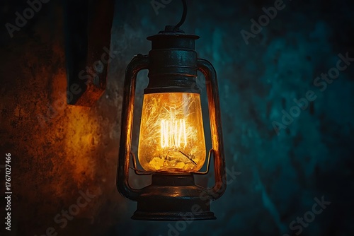 Vintage lantern glowing softly in darkness high resolution picture