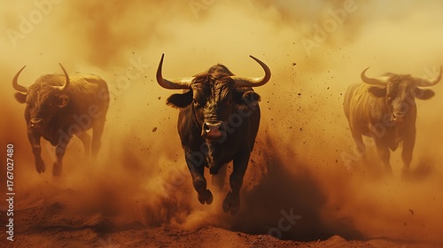 Wild bulls charging fast with strength high resolution picture