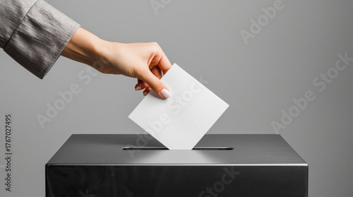 Woman person vote with ballot box on blank voting concept.