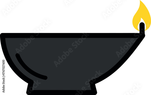 Simple illustration of a traditional oil lamp with a bright yellow flame on a white background