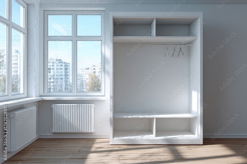 Fototapeta premium Modern empty wardrobe with open shelves and hanging space, situated in a bright room with large windows, showcasing natural light and minimalistic design elements