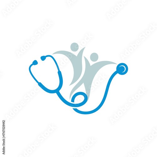 A stylized medical logo featuring a stethoscope intertwined with abstract figures representing health and wellness.