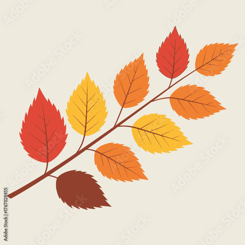 Illustration of a branch with colorful autumn leaves in shades of red, orange, and yellow on a beige background.