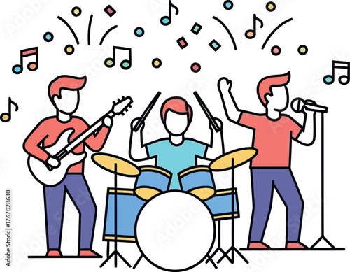 Energetic rock band performing live with guitarist drummer and singer on stage with musical notes