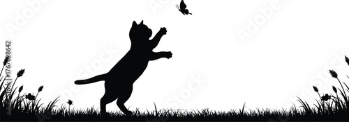 Cat reaching for butterfly silhouette cartoon illustration, symbolic curiosity and expressive nature artwork for lifestyle and emotional design