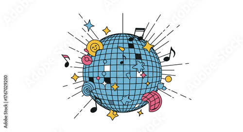Whimsical illustration of a disco ball surrounded by music notes and stars on a white background.