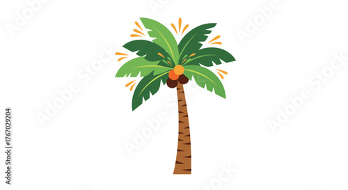 Cartoon palm tree with coconuts and bright green fronds, representing tropical summer.