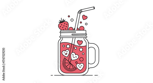 Cute strawberry and heart-shaped drink in a mason jar with a straw.