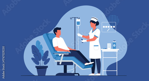 A nurse attends to a patient receiving an IV infusion while seated in a recliner chair.