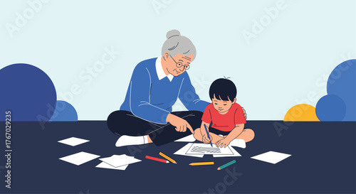 Grandmother and child drawing together on the floor, surrounded by colorful abstract shapes.