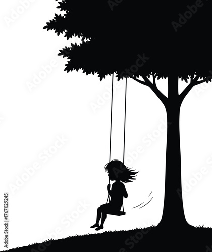 Child swinging from tree silhouette cartoon illustration, symbolic joy and expressive childhood artwork for lifestyle and emotional design