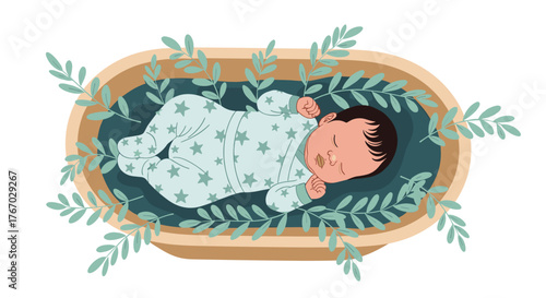 Cute baby sleeping peacefully in a rustic wooden bassinet surrounded by delicate green leaves.