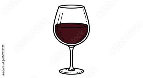 A simple hand-drawn illustration of a wine glass filled with red wine.