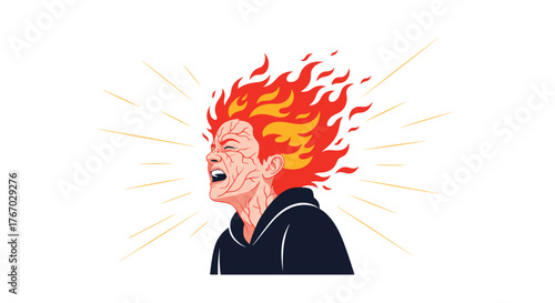 Illustration of a person screaming with their hair on fire, symbolizing intense anger or frustration.