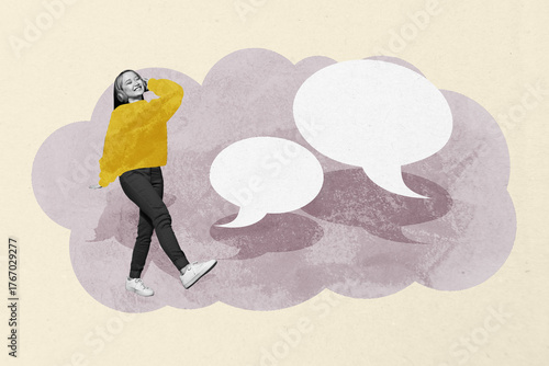 Full 3d image banner sketch collage of happy girl stand icon bubble speech communication chatterbox monologue phrase concept