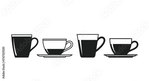 Collection of four different coffee cups and mugs with and without saucers.