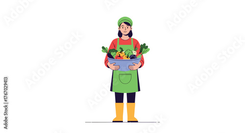 A smiling woman wearing a green apron and hat holds a blue bowl full of fresh vegetables.