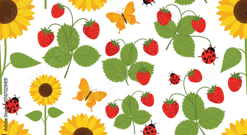 Whimsical seamless pattern of sunflowers, strawberries, ladybugs, and butterflies on a white background.