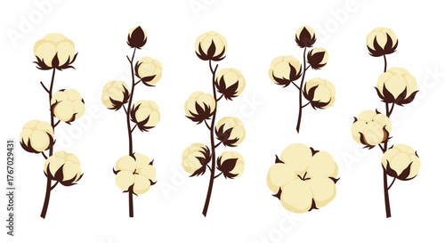 Collection of stylized cotton plants with fluffy bolls on white background.