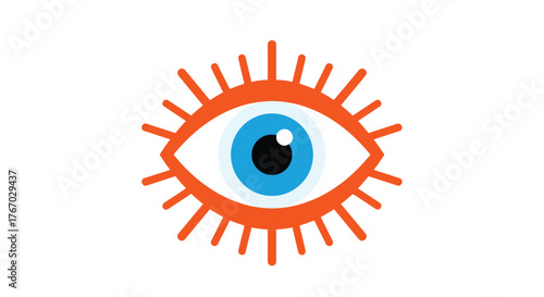 Stylized orange eye symbol with a bright blue iris and black pupil on a white background.