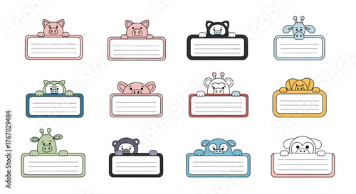 A collection of cartoon animal name tags with blank lines for writing names.