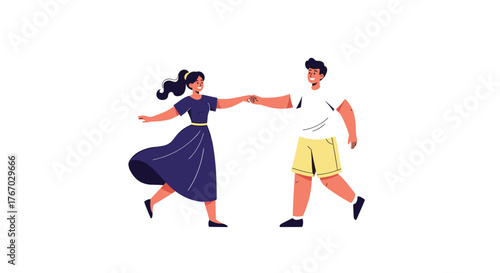 A happy couple dancing together with outstretched hands, celebrating joyfully.
