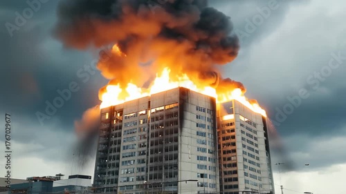 Explosions tear through city buildings as smoke and debris rise under a heavy, clouded sky of war.
