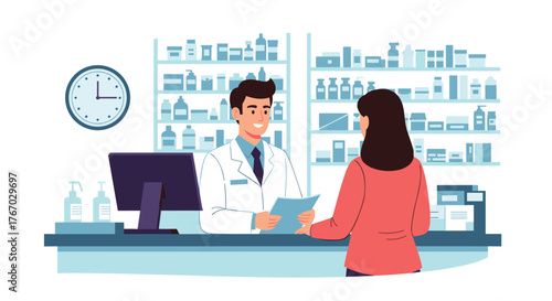 Pharmacist in white coat hands a prescription to a customer at a pharmacy counter with shelves of medicine.