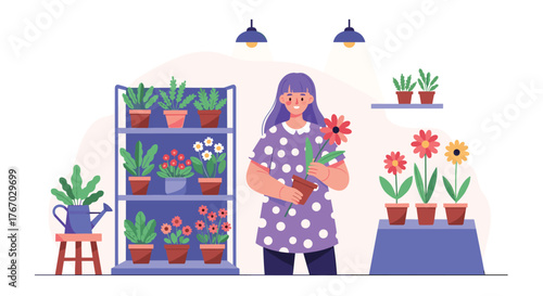 A woman with purple hair in a polka dot dress holding a flower in a pot at a plant nursery.