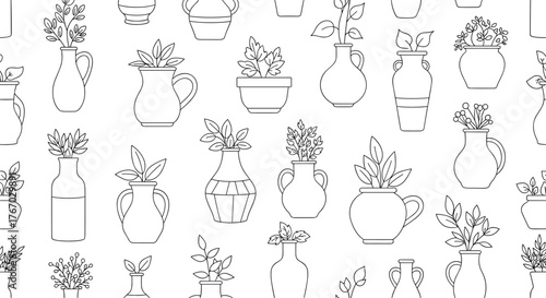 Seamless pattern of various outlined potted plants and vases with dashed line details.