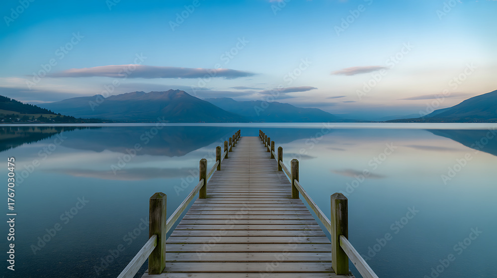 Fototapeta premium Wooden pier extending into calm blue lake at dusk with mountain reflections water