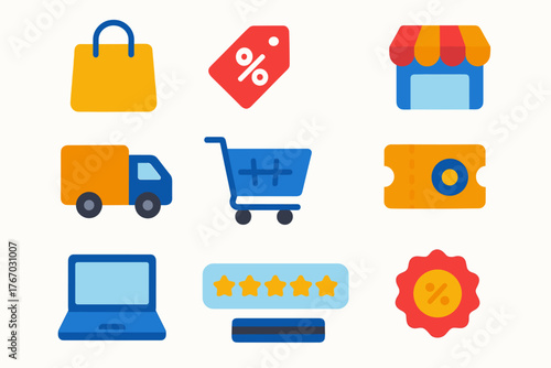 A set of 9 minimalist flat vector icons in bright colors symbolizing online shopping and e-commerce.
